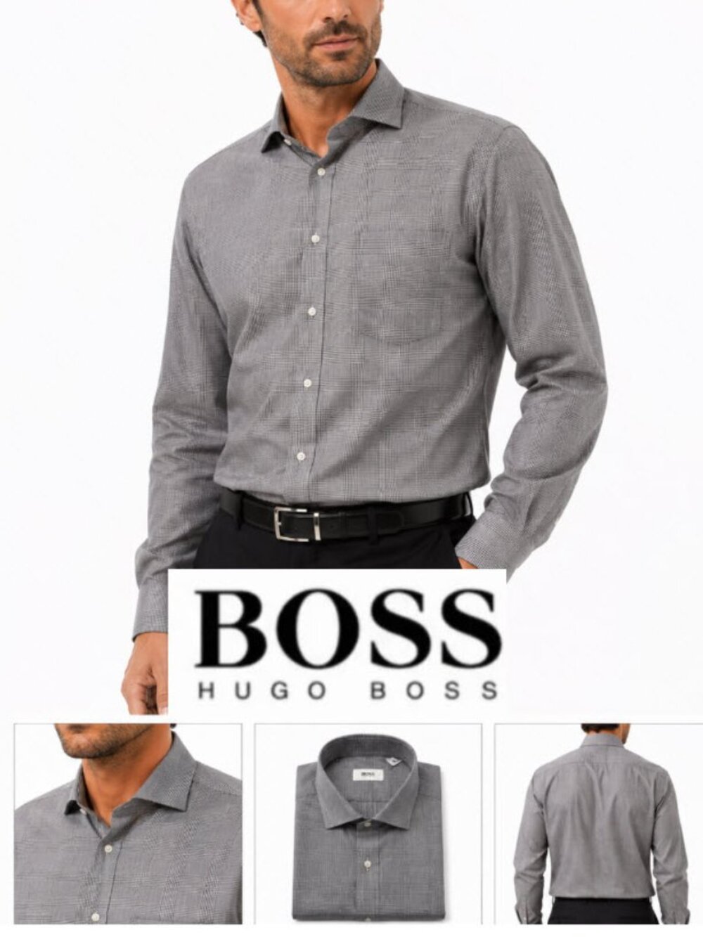 Hugo Boss Gray Plaid Dress Shirt 15.75 40 Button-Up 100% Cotton Classic